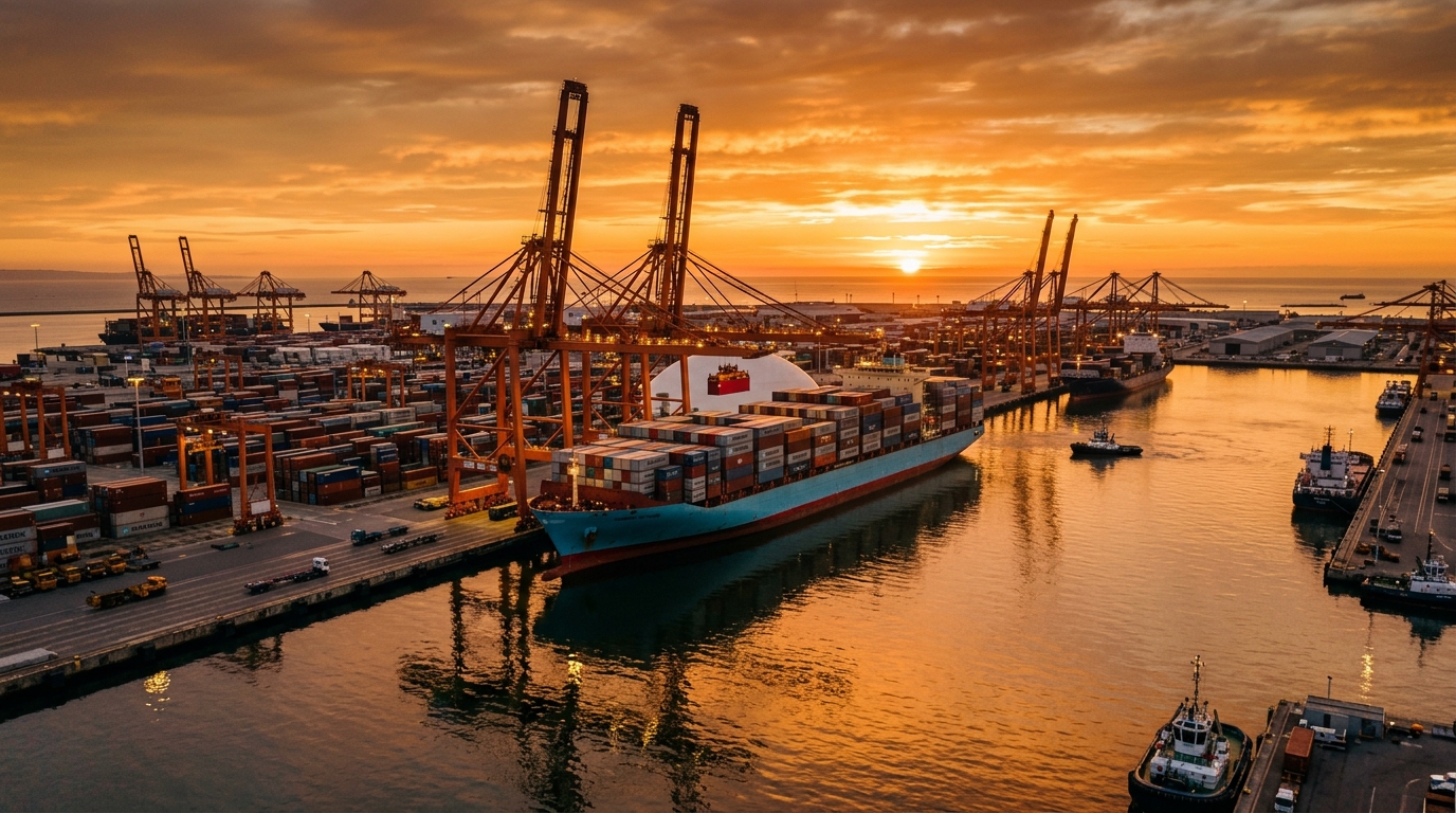 Commercial Container Port at Sunset